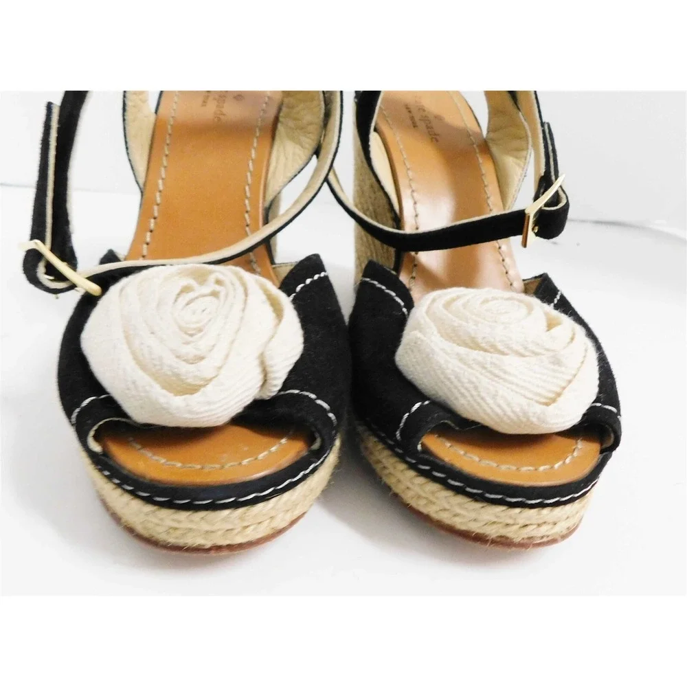 Kate Spade Britt Black‎ Nubuck Rosette Espadrille Wedge Heels 8.5 M